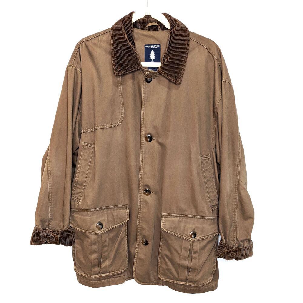 Roundtree & Yorke Mens Medium Jacket Barn Coat Cotton Brown Tan Button Corduroy